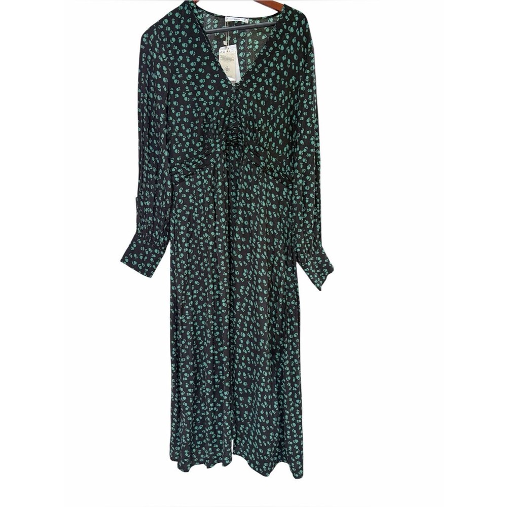 MNG Mango Black Green Floral Midi Dress Ruched Long Sleeve NWT XL